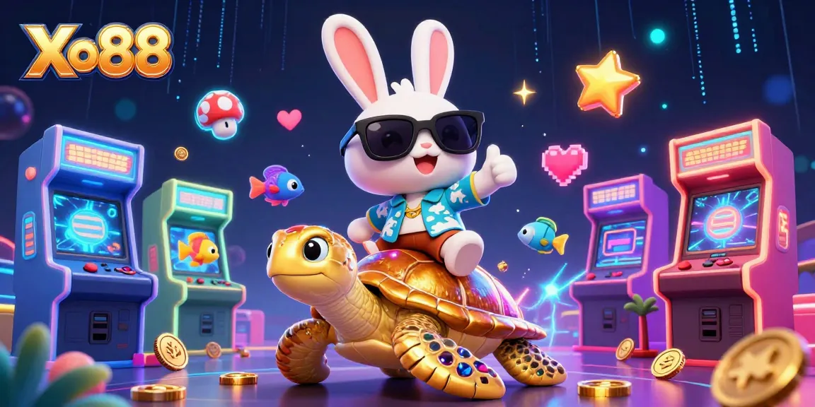 Xo88 features a lucky rabbit riding a golden sea turtle amid vibrant casino game elements.