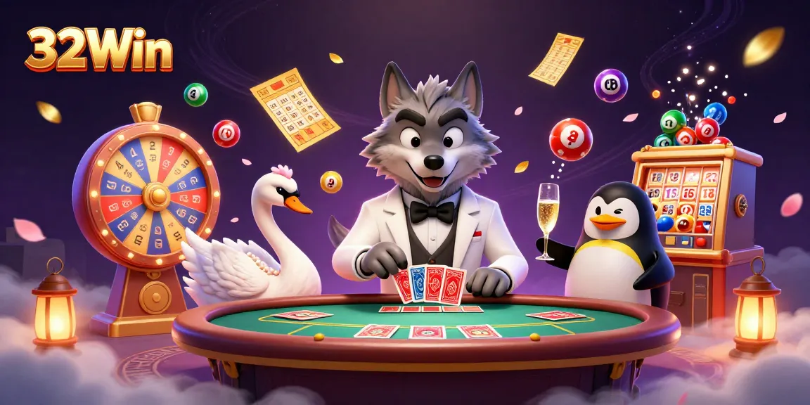 Experience the excitement of gaming at 32Win with a debonair wolf, a swan dealer, and penguin sommelier!