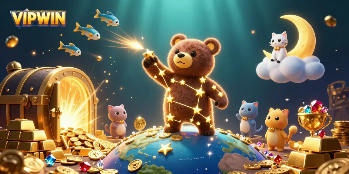 Immerse in VIPWIN's thrilling gaming arena with a 3D constellation bear and treasures bursting forth.