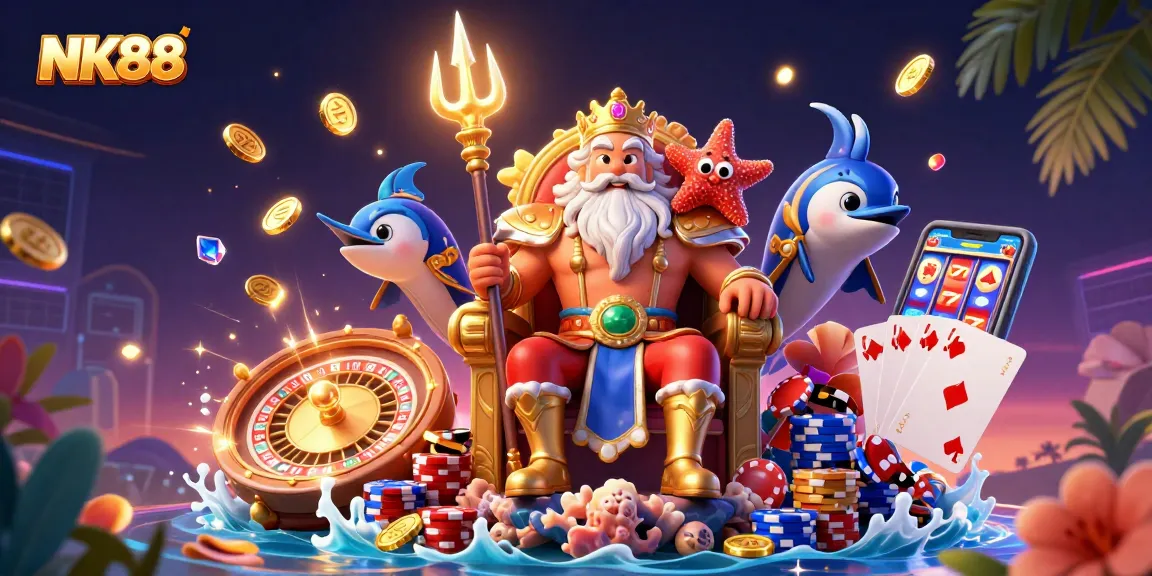 Experience thrilling wins at NK88 casino with Neptune, exciting games, and vibrant casino elements.