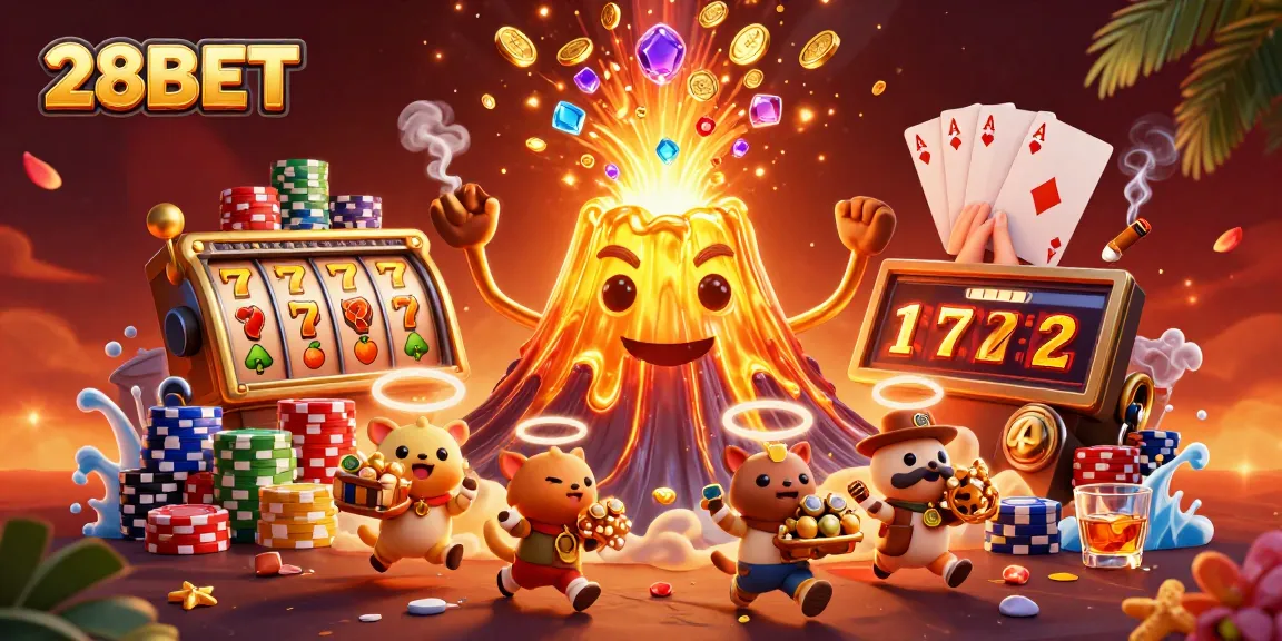 Engage in thrilling gameplay with 28BET's vibrant 3D casino scene showcasing treasures and excitement.