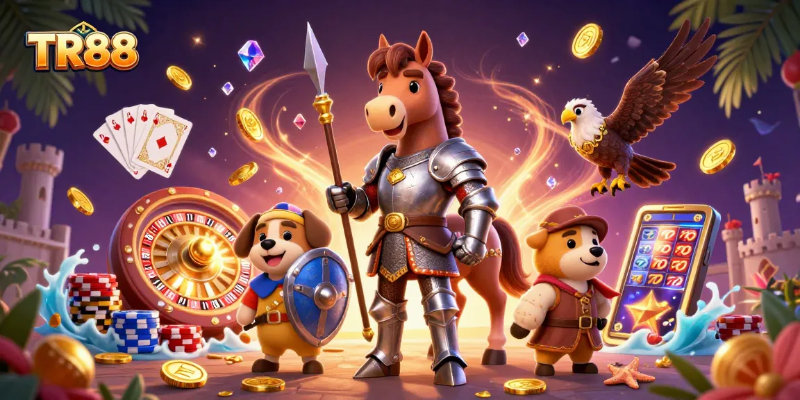 Experience the excitement of TR88 with dynamic gaming characters amidst cascading coins and gems.
