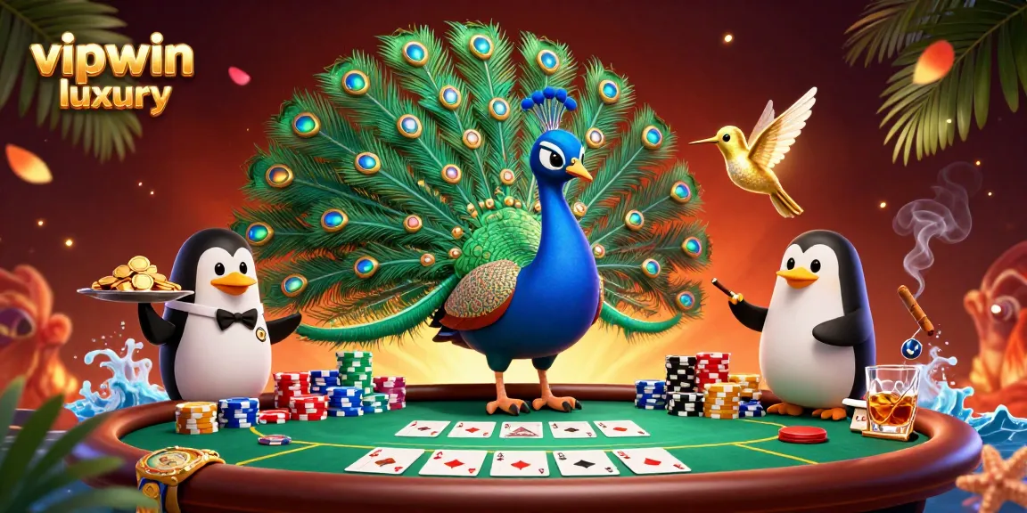 Experience the thrill of vipwin luxury with vibrant casino elements featuring a peacock and penguin.