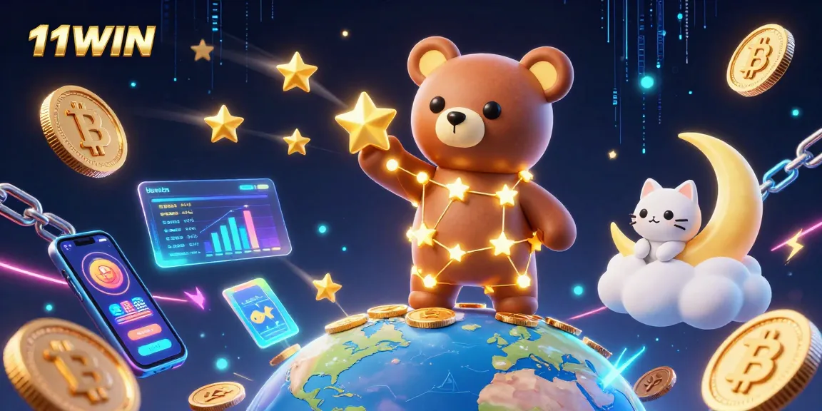 Win big with 11WIN as a constellation bear scoops coins surrounded by crypto-themed elements.