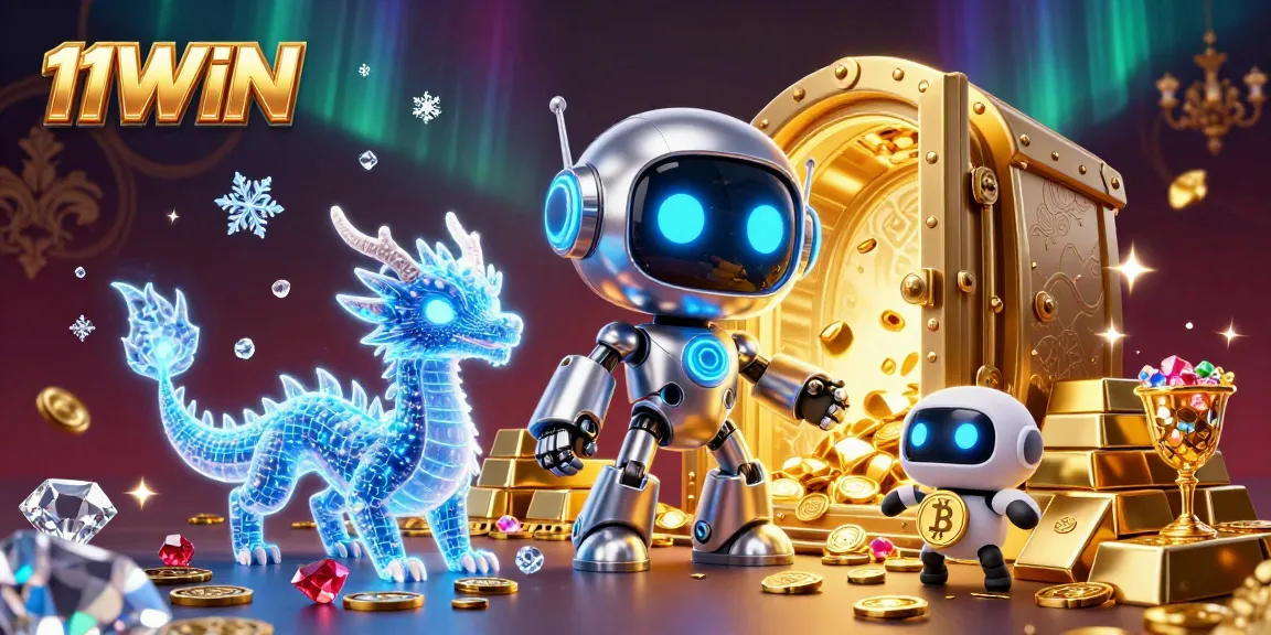 Engage with the 11WIN casino adventure, featuring a cyberpunk robot and treasures in a dazzling 3D illustration.