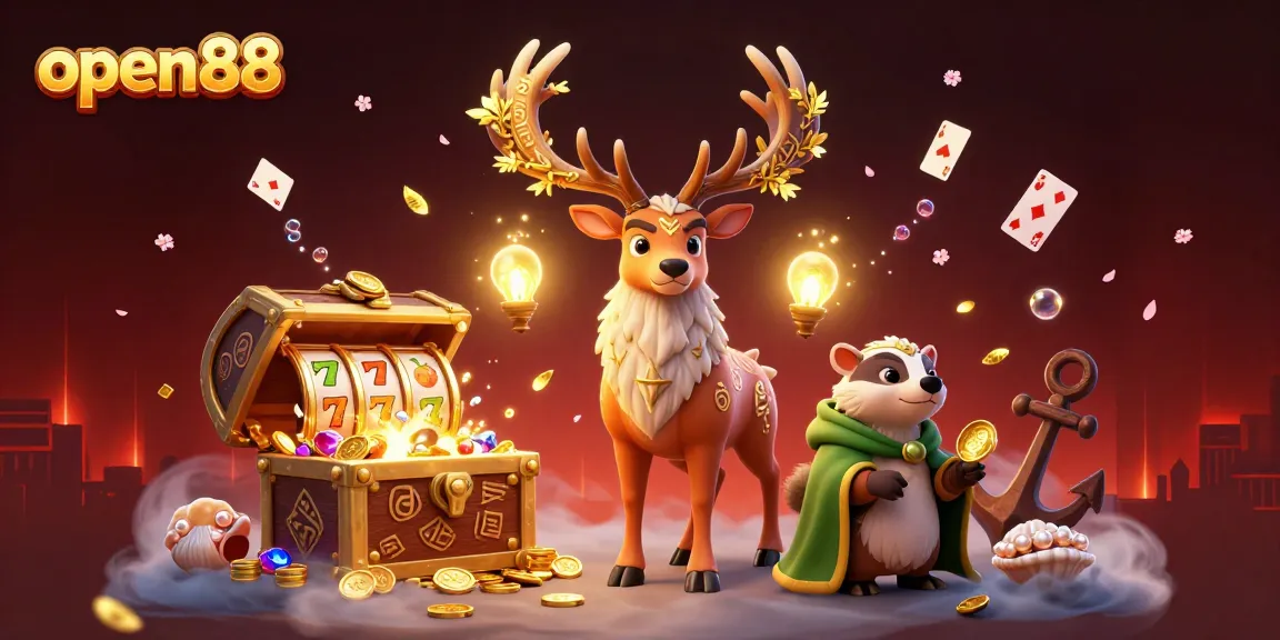 Play open88 with a dynamic illustration of Celtic druid stag and vibrant casino elements.