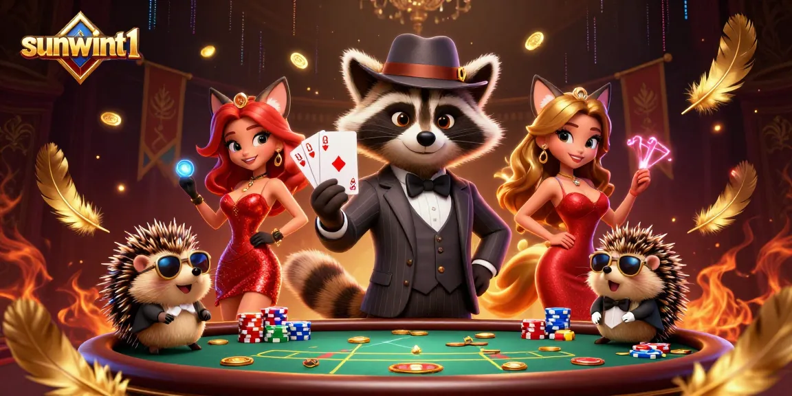 Experience thrilling poker action with sunwint1 featuring a suave raccoon and friends at a rich casino table.