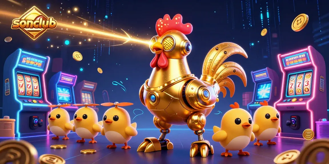 Experience the thrill of gaming with sonclub's vibrant 3D illustration featuring a golden rooster robot and arcade elements.